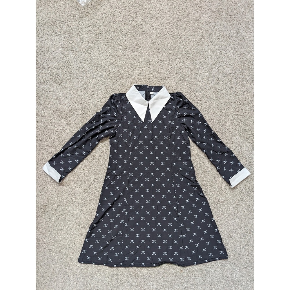 Skull Print Wednesday Dress Kids 2XL Black  White Collar Long Sleeve A-Line